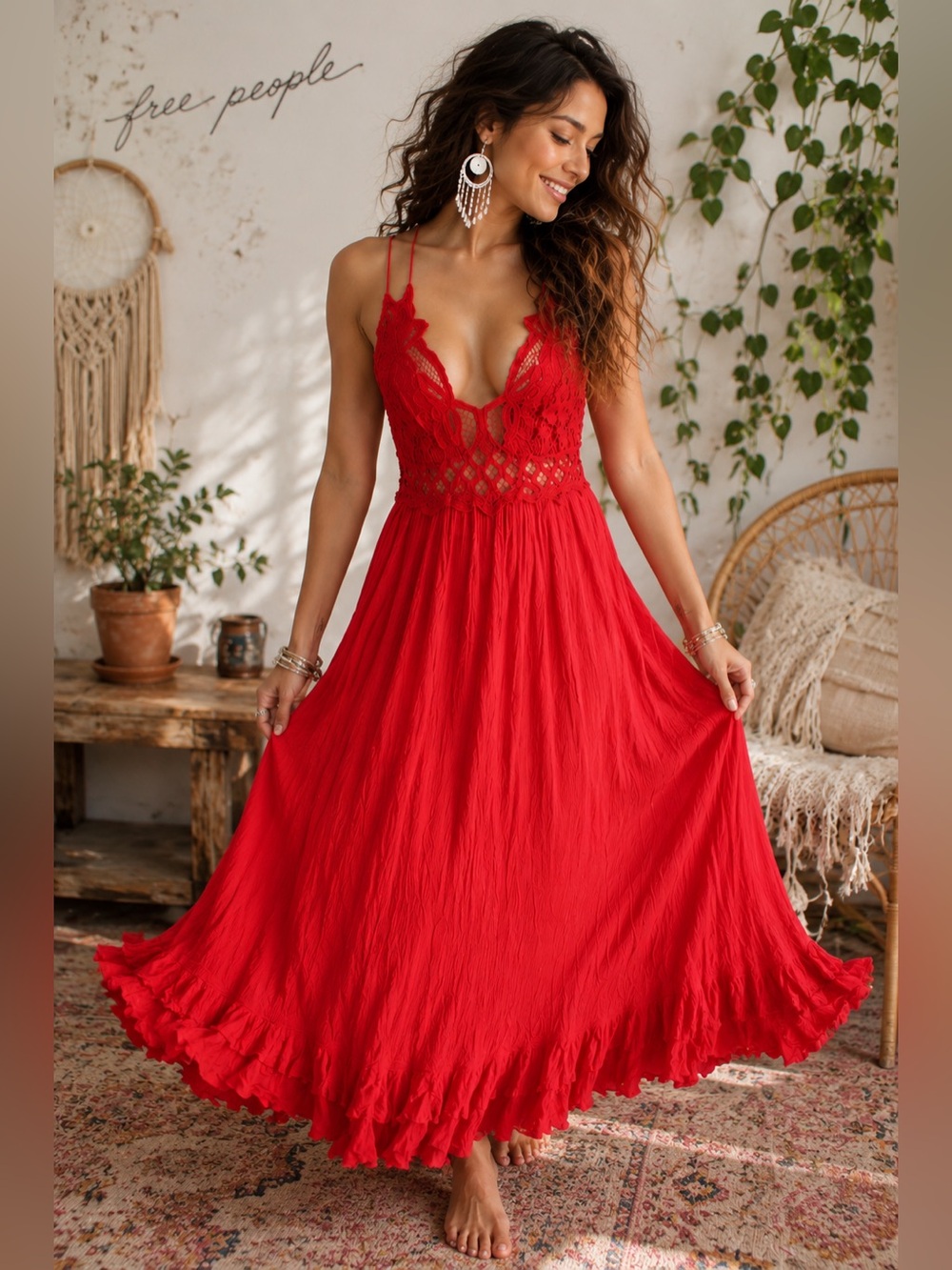 Free People FP One Red Crochet Lace Maxi Dress Strappy Back Boho Size M